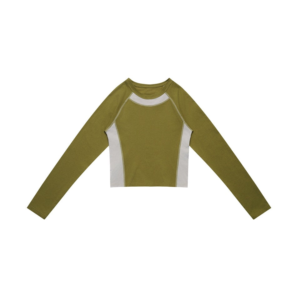 Olive green cropped long-sleeve raglan top with light gray collar and side panels and contrast stitching, flat lay