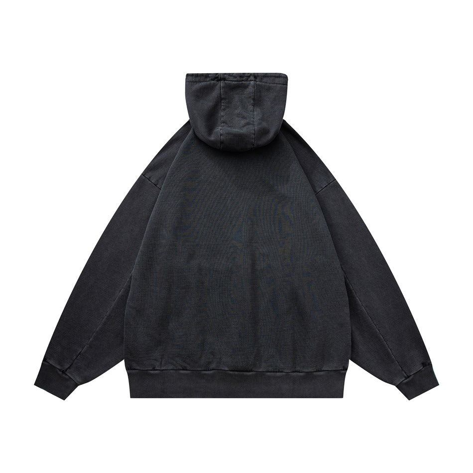 Back view of a charcoal hooded pullover with long sleeves, ribbed cuffs, and a ribbed hem.