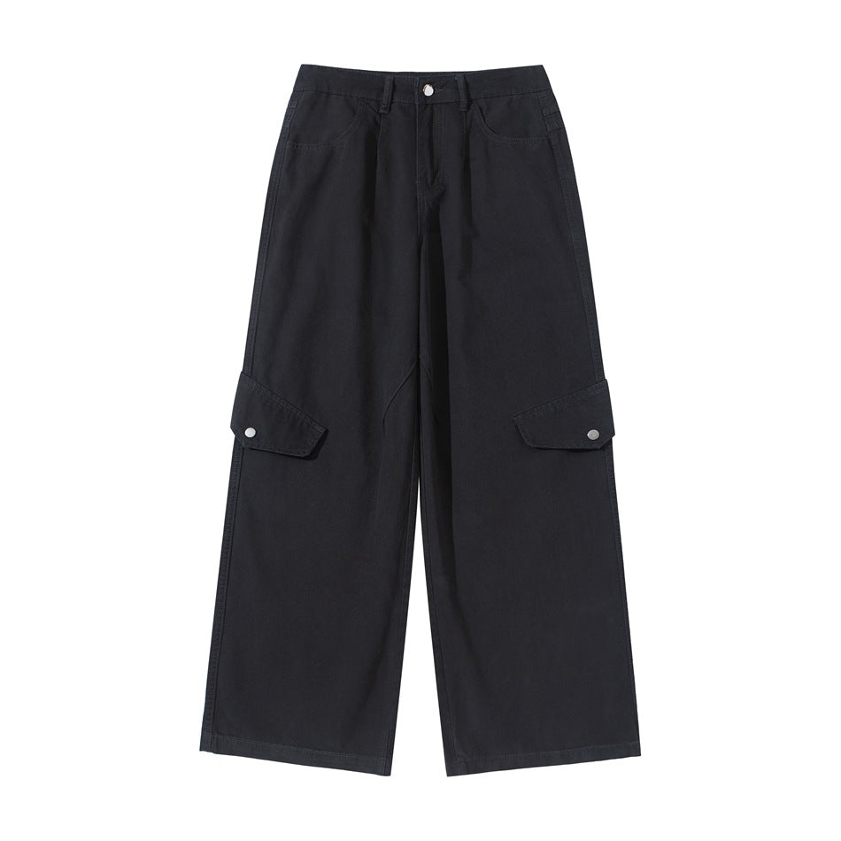Black wide-leg cargo pants flat lay, front view, with side flap cargo pockets and a button waist