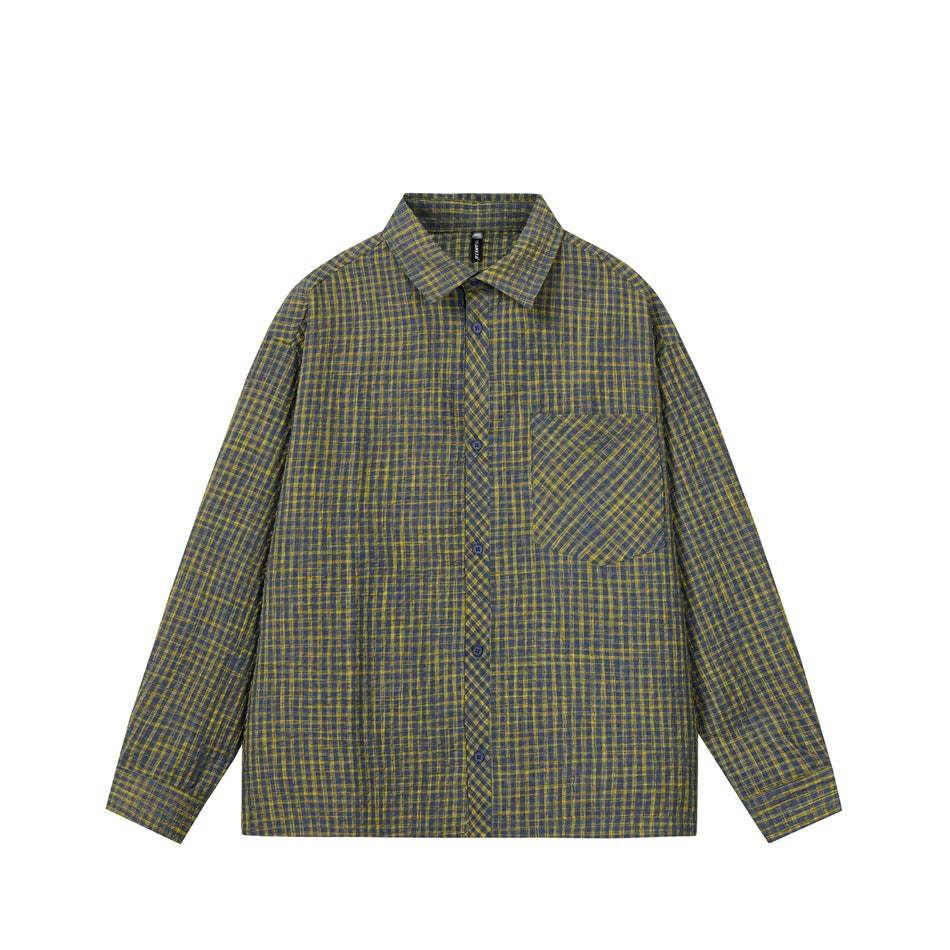 Blue-gray and yellow small-check long-sleeve button-up shirt with chest pocket, flat lay front view