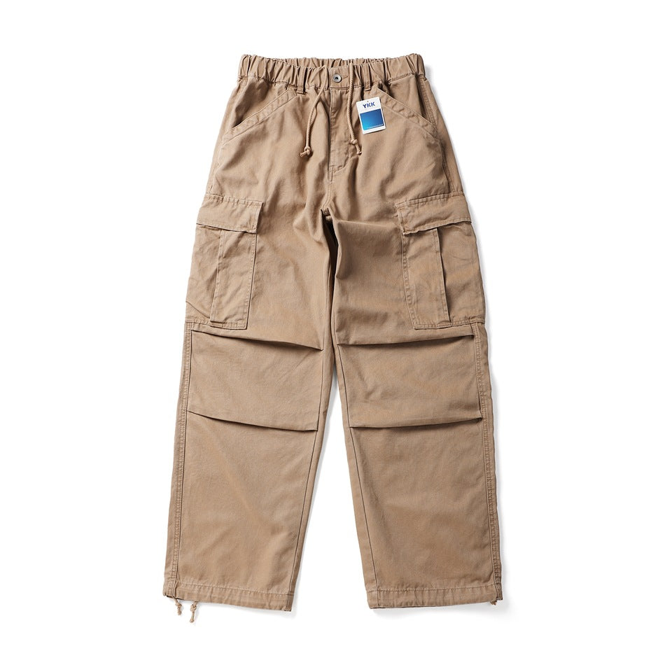 Khaki wide-leg cargo pants flat lay with drawstring elastic waist, flap cargo pockets and pleated knees