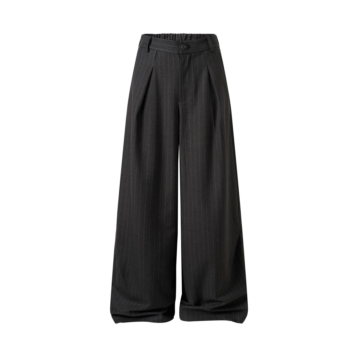 Dark gray pinstriped pleated wide-leg trousers with elastic back waistband, flat front view