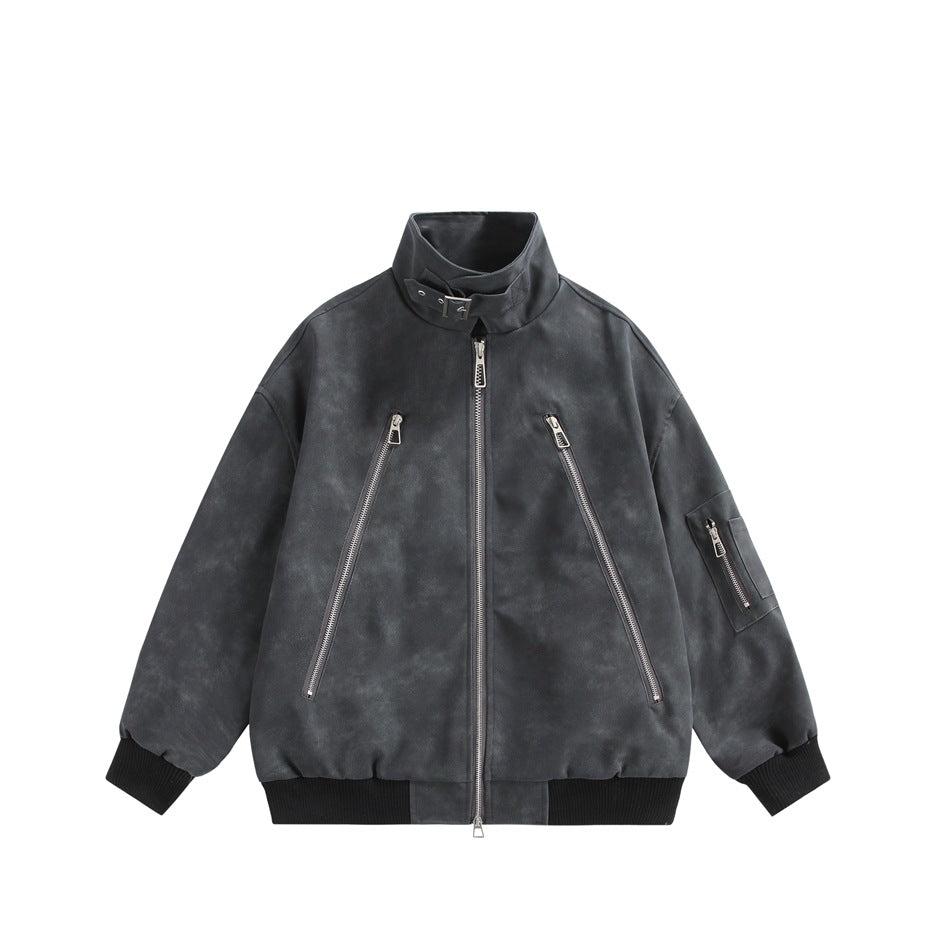 Black-charcoal distressed faux-leather bomber jacket with stand collar, diagonal front zip pockets and ribbed cuffs, front