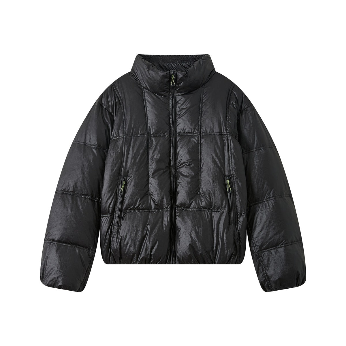 Black glossy quilted puffer jacket with stand collar, front zipper and zippered pockets, flat front view