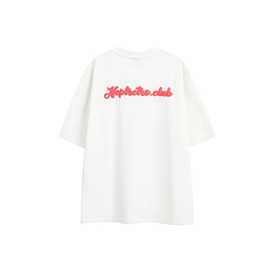 White short-sleeve T-shirt back view with red script graphic across the upper back