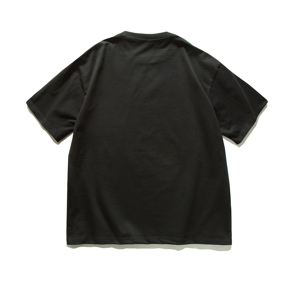 Back view of a plain black short-sleeve crew-neck T-shirt.