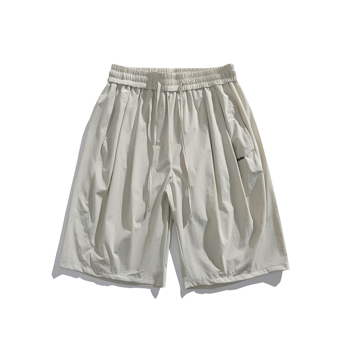 Light gray-beige knee-length shorts with elastic drawstring waist, pleated front and small black logo, flat lay front view