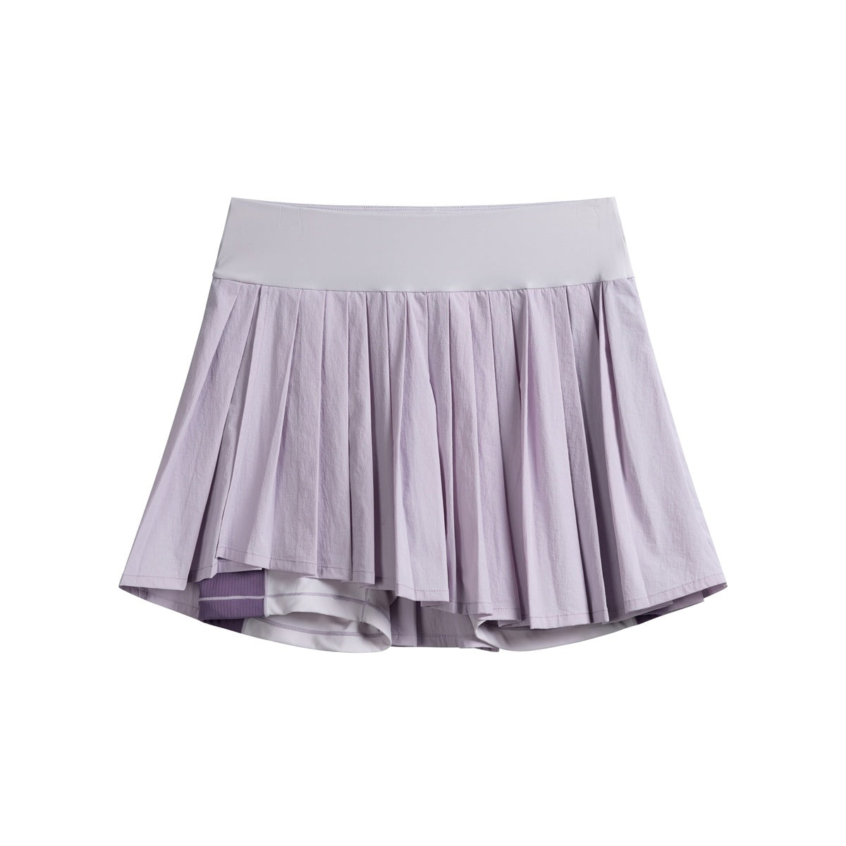 Lilac purple high-waisted pleated mini skort, flat lay front view with purple inner short layer visible