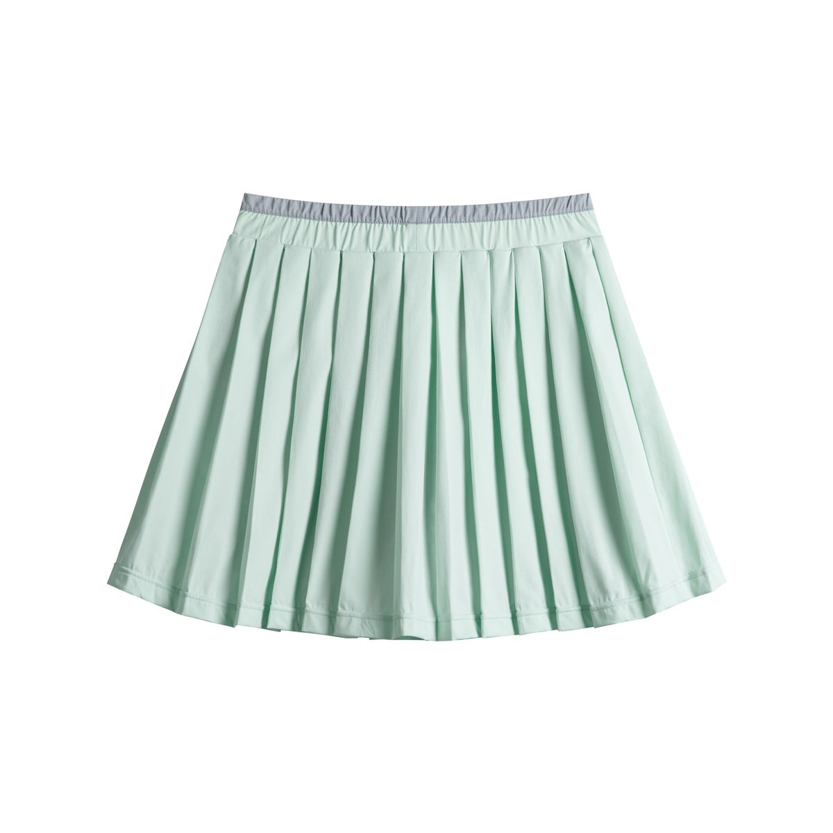 Pale mint pleated skirt with a wide waistband and gray trim, shown against a white background.