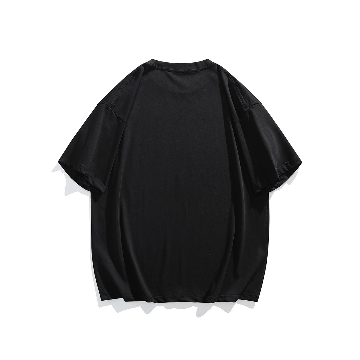 Black short-sleeve crew neck T-shirt flat lay, back view, plain with drop shoulders