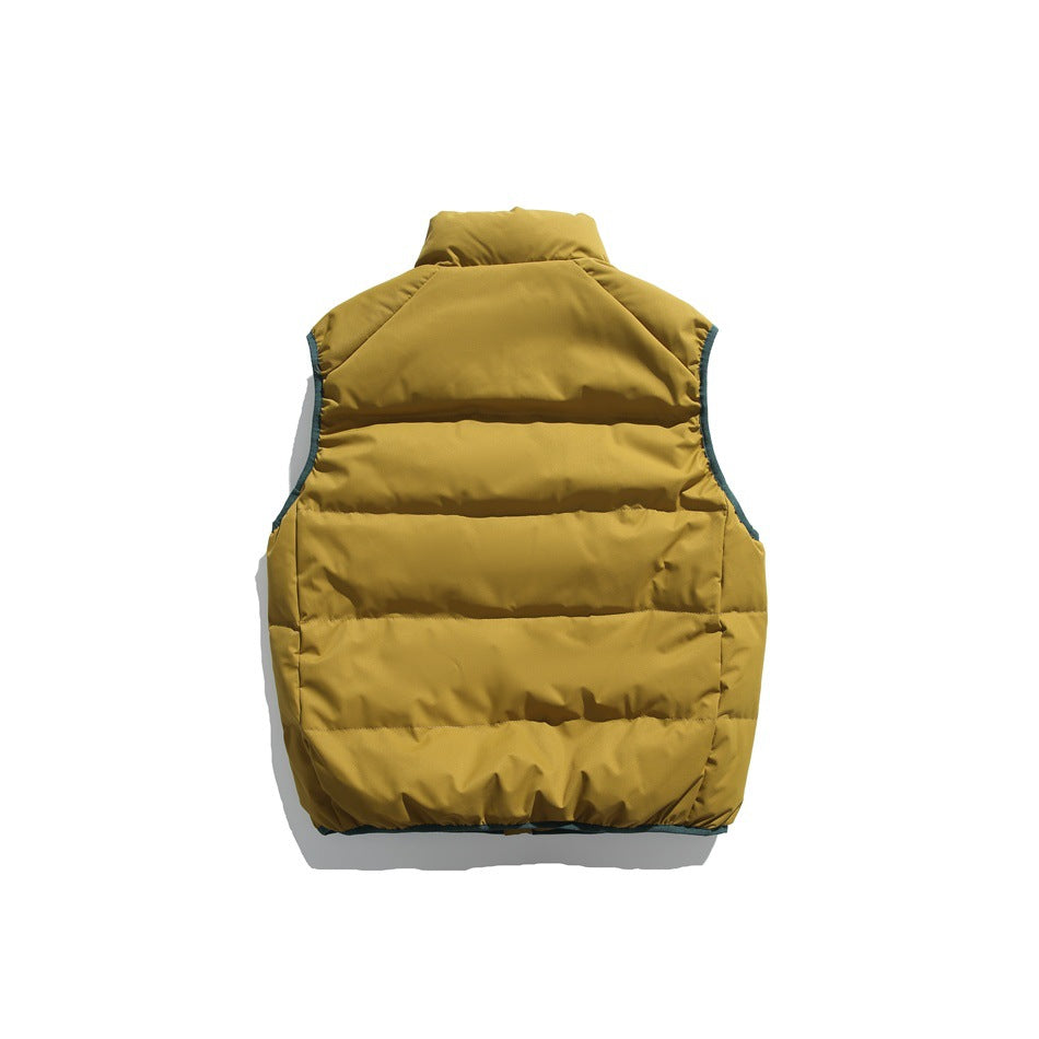 Back view of mustard yellow quilted puffer vest with stand collar, horizontal quilted channels and green edge binding