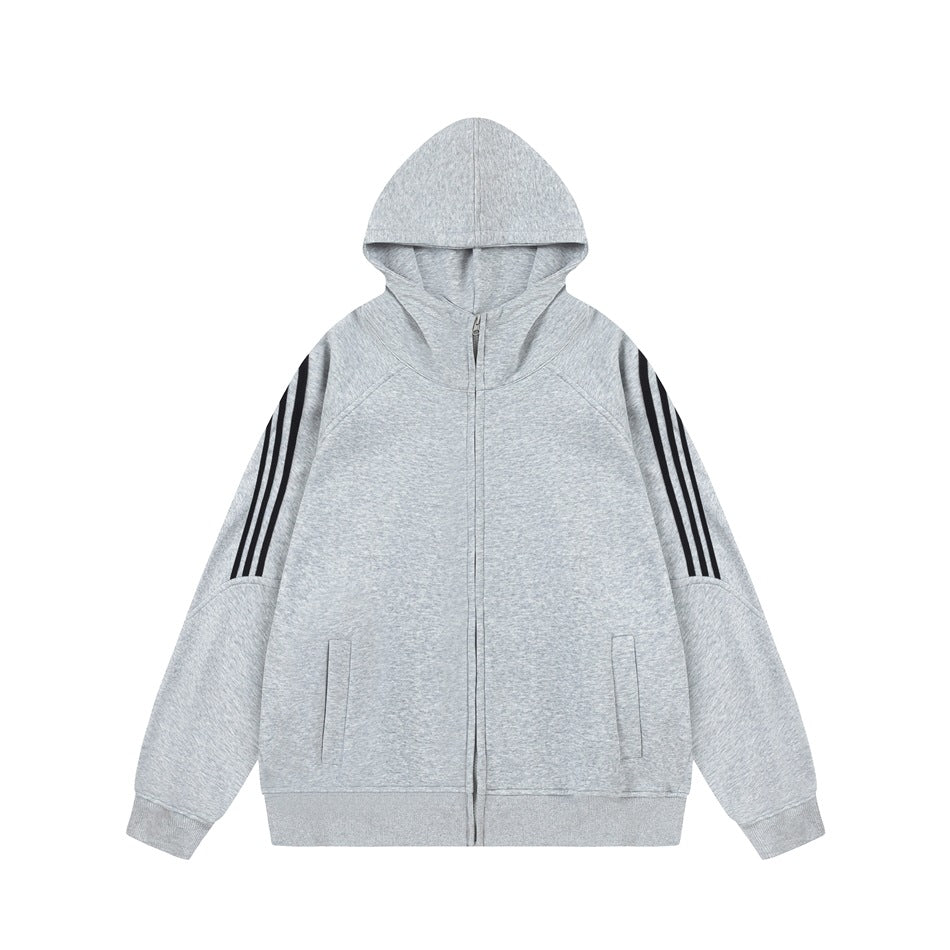 Heather gray zip-front hoodie with three black stripes on each sleeve, ribbed cuffs and hem, and front slant pockets