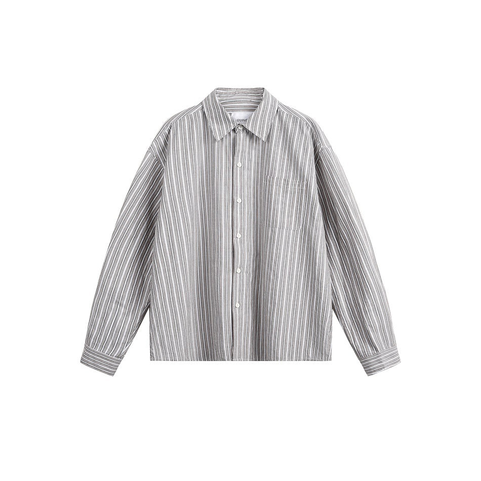 Gray and white vertical striped long-sleeve button-up shirt with pointed collar and chest pocket, flat front view