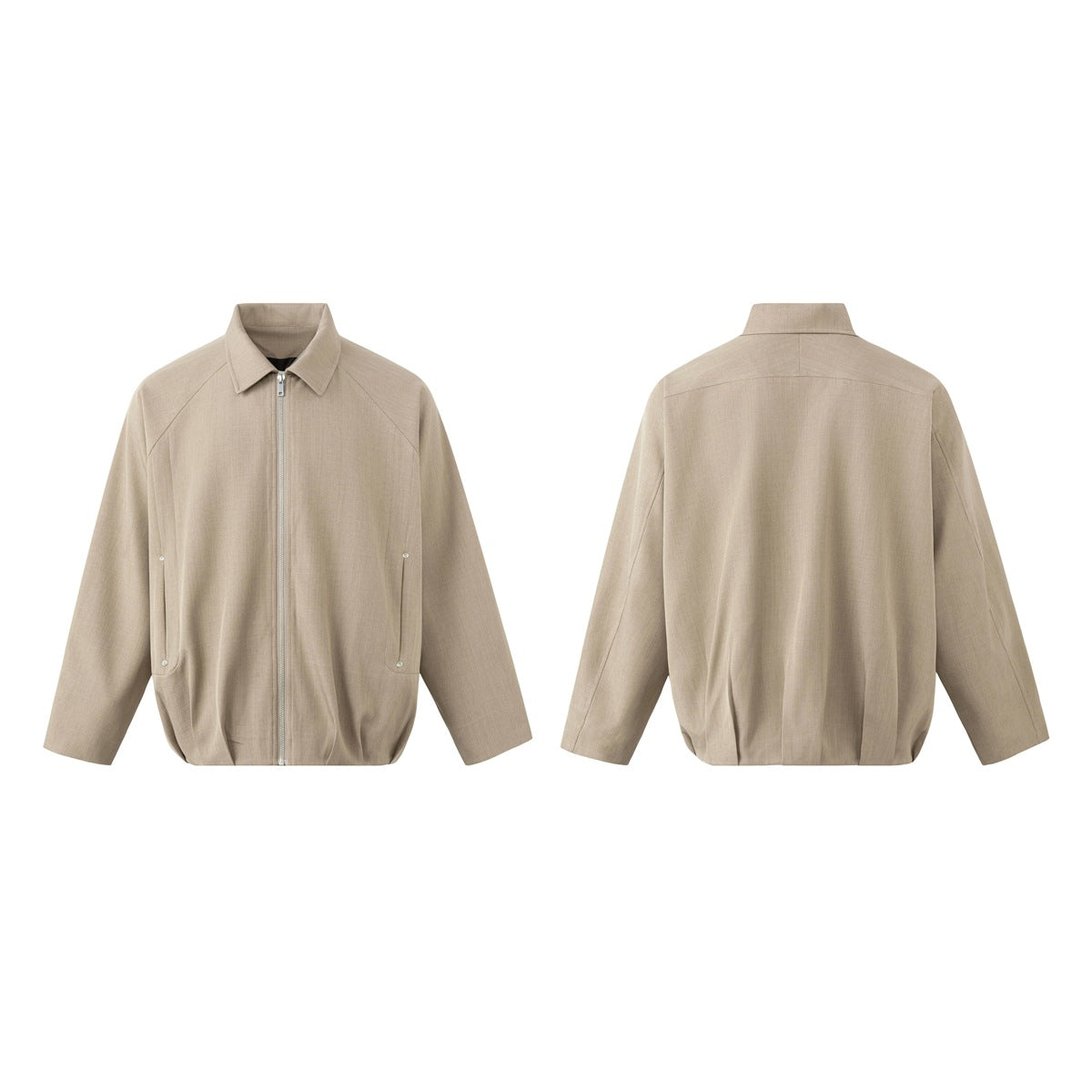 Taupe collared zip jacket shown from the front and back, with raglan sleeves and side pockets.