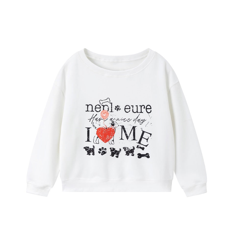 White crew-neck sweatshirt with dog, heart, paw print and bone graphic print on the chest