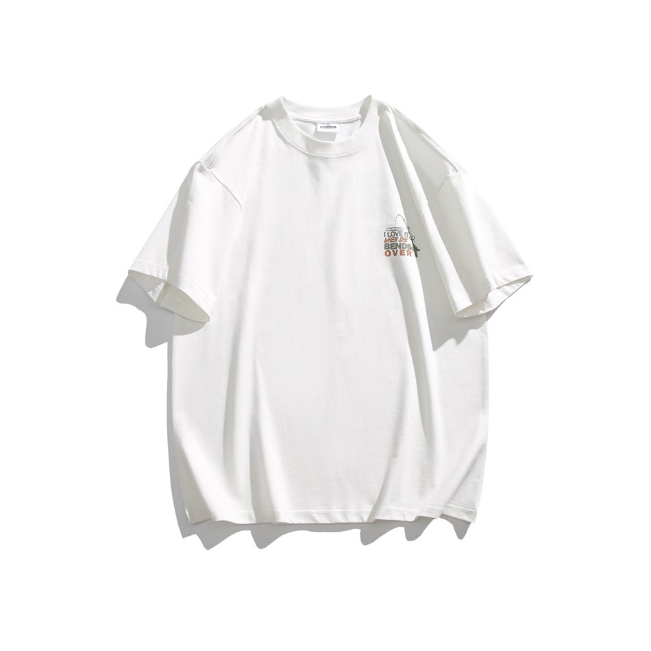 White oversized crew-neck T-shirt with short sleeves and a small multicolor graphic on the left chest.