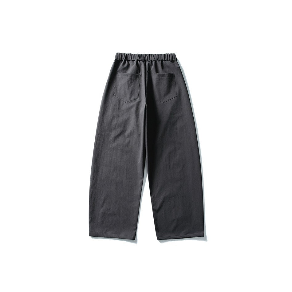 Dark gray wide-leg pants back view with elastic waistband and two patch back pockets
