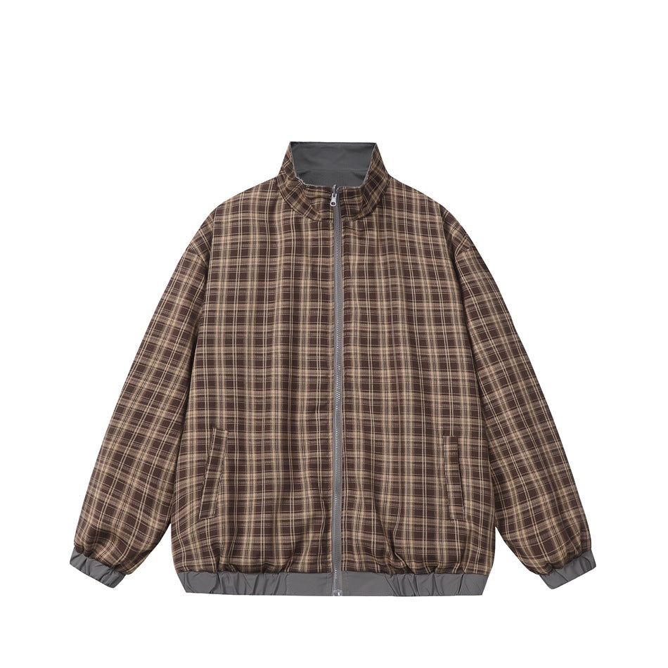 Front view of a brown plaid zip jacket with a stand collar, side pockets, and gray trim at the cuffs and hem.