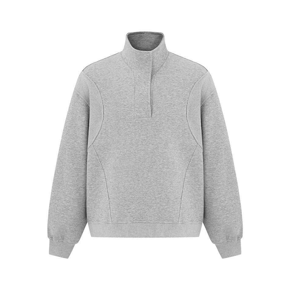 Gray stand-collar pullover sweatshirt with snap placket and curved seams, flat front view