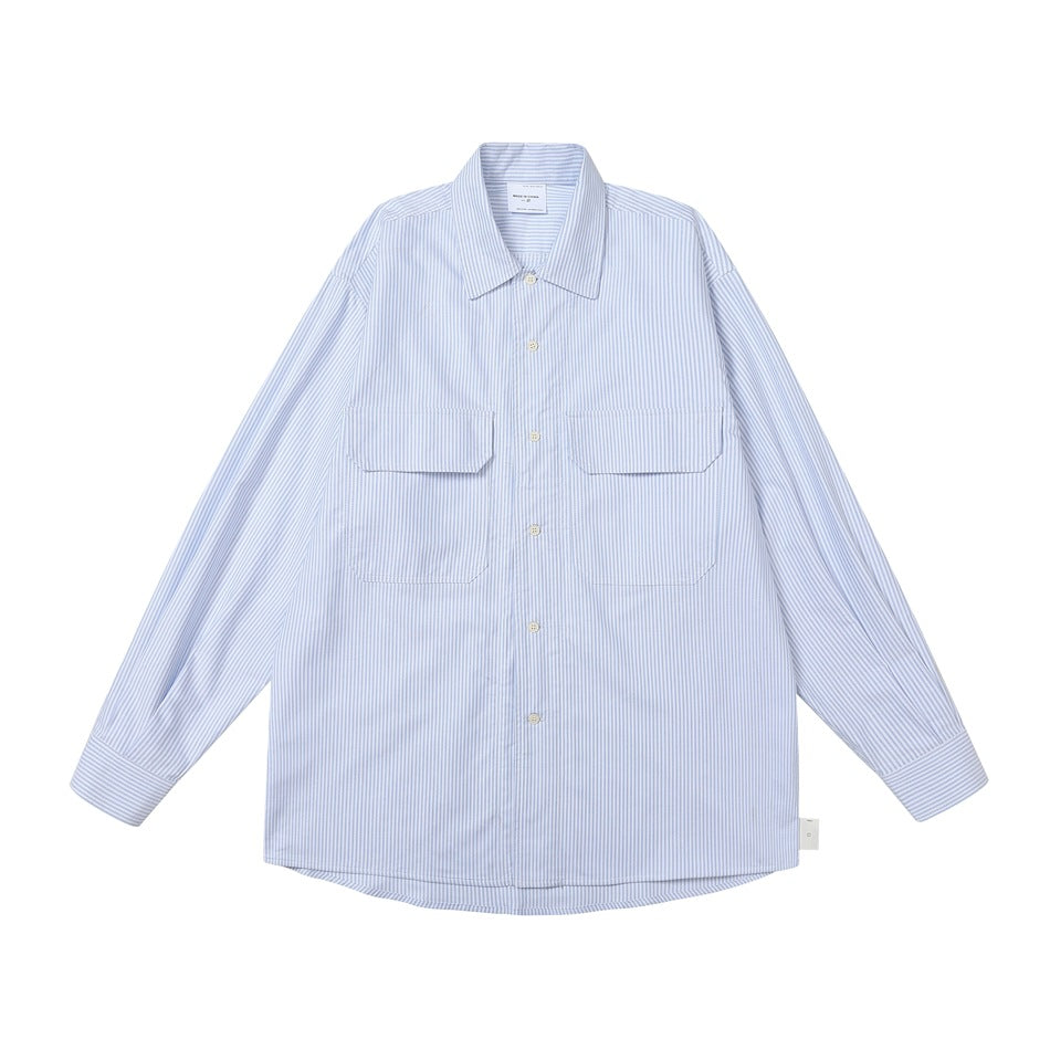 Blue pinstripe long-sleeve button-up shirt with two flap chest pockets, flat front view