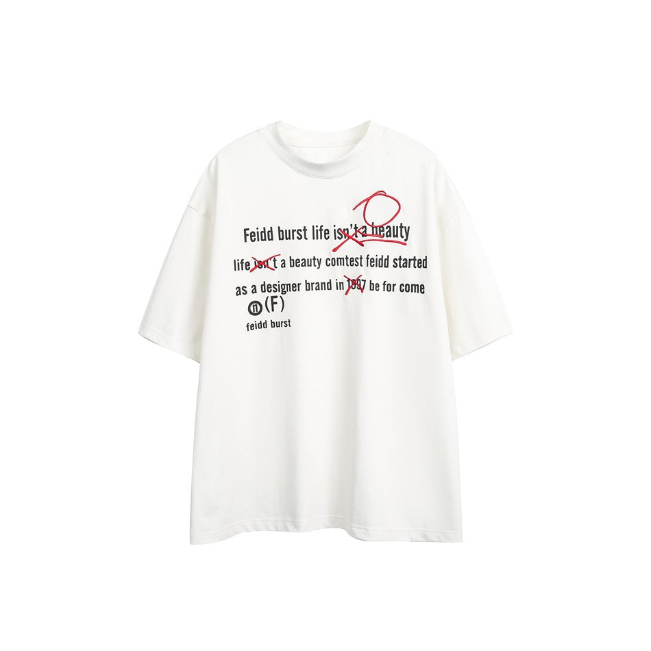 White short-sleeve crew-neck T-shirt flat view with black text and red scribble marks on the chest