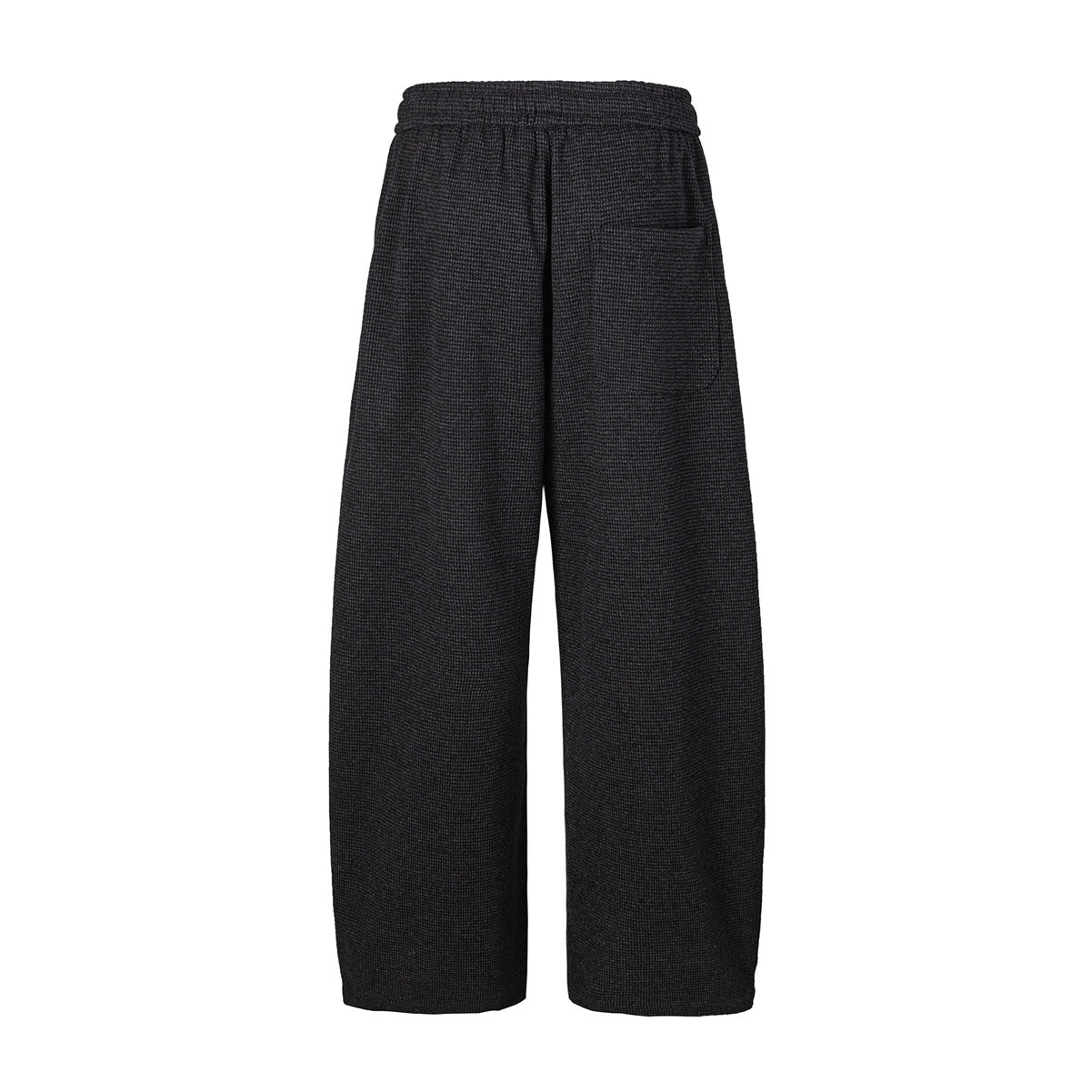 Full view of charcoal gray patterned wide-leg trousers with an elastic waistband and a patch pocket.