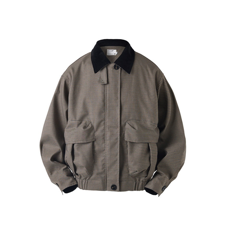 Front flat lay of a brown houndstooth check jacket with black corduroy-look collar and two large flap pockets