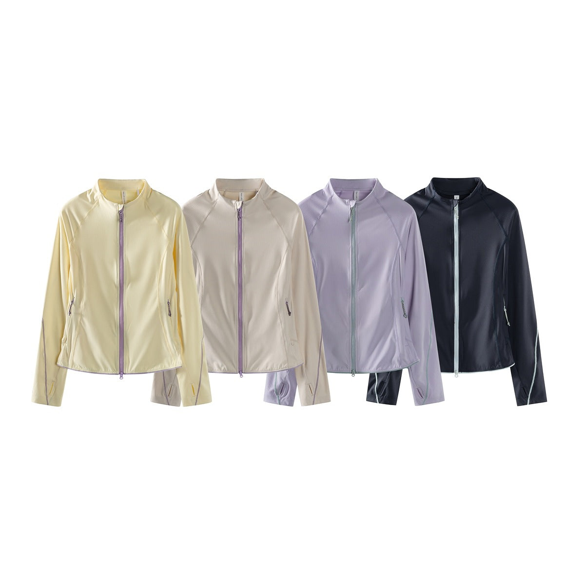 Four zip-front jackets shown together in pale yellow, ivory, lilac, and dark navy colorways.