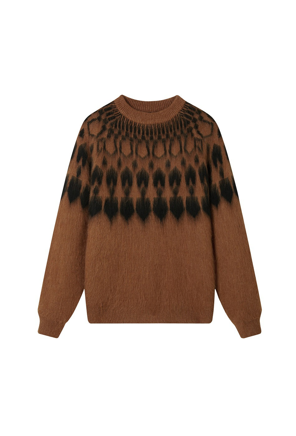 Brown knit sweater with black Fair Isle-style patterned yoke, ribbed round neck, cuffs and hem, flat lay
