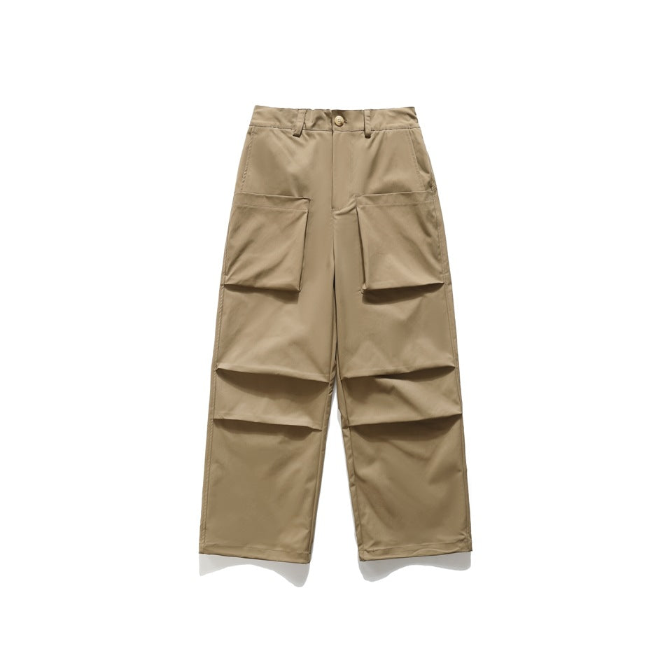Khaki wide-leg cargo pants flat lay, front view with large flap pockets and knee pleats