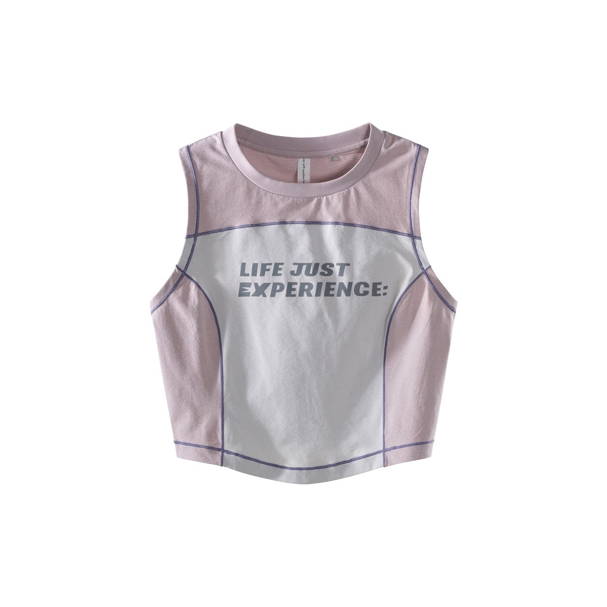 Light pink and white color-block cropped tank top with purple topstitching and slogan print