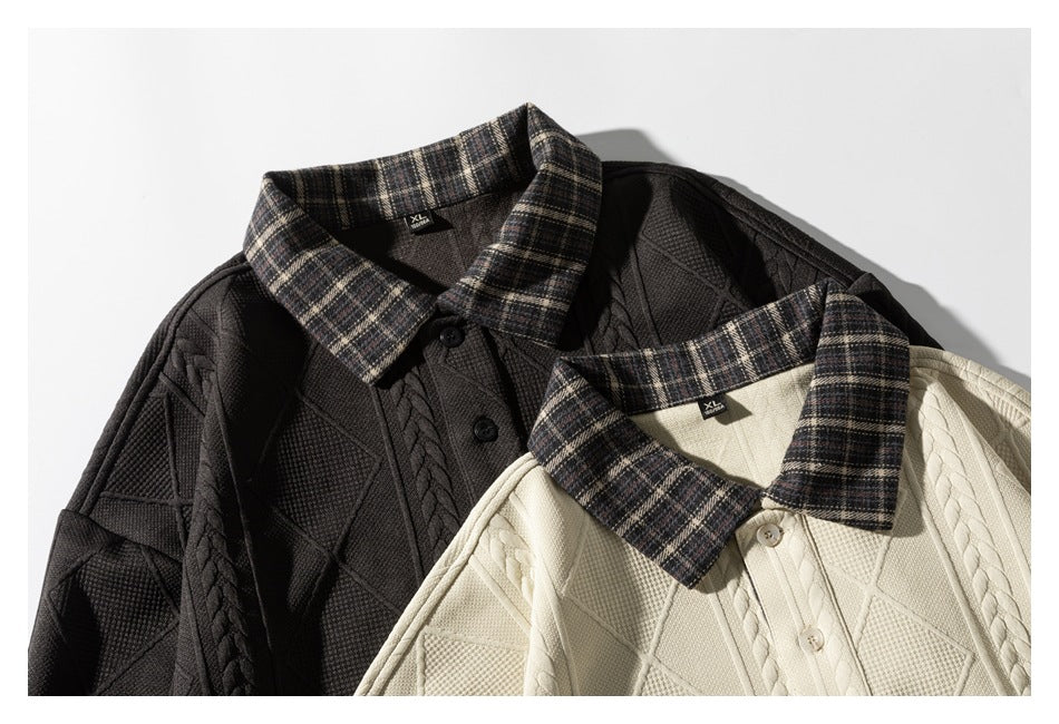 Black and cream collared knit tops overlap, each with a dark plaid collar and textured geometric stitching.
