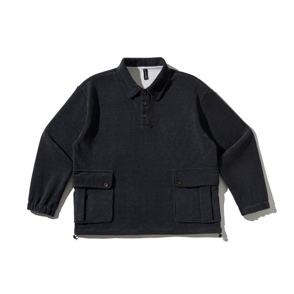 Black ribbed pullover with polo collar, three buttons, two flap pockets, elastic cuffs and drawstring hem, flat lay