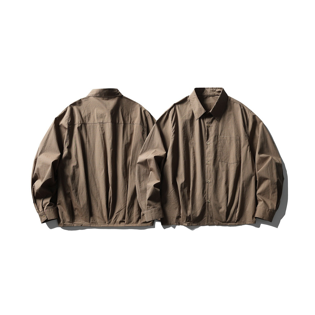 Brown plaid button-up shirt shown from the back and front, with a chest pocket on the front.
