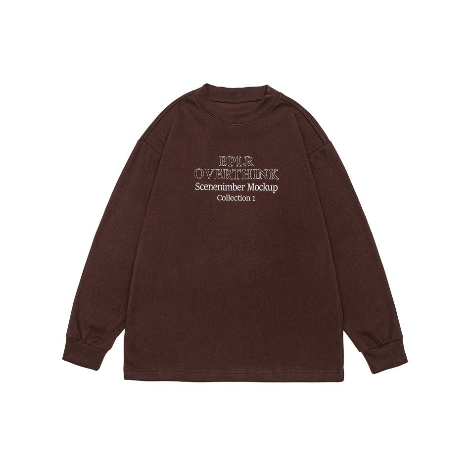 Brown long-sleeve crew neck sweatshirt flat lay with white chest lettering and ribbed cuffs