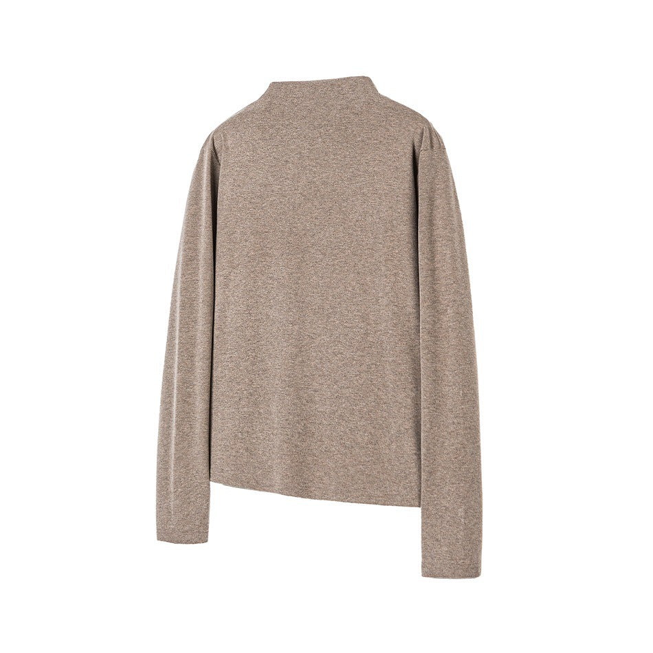 Back view of a taupe heathered long-sleeve top with a high neckline, shown flat against white.