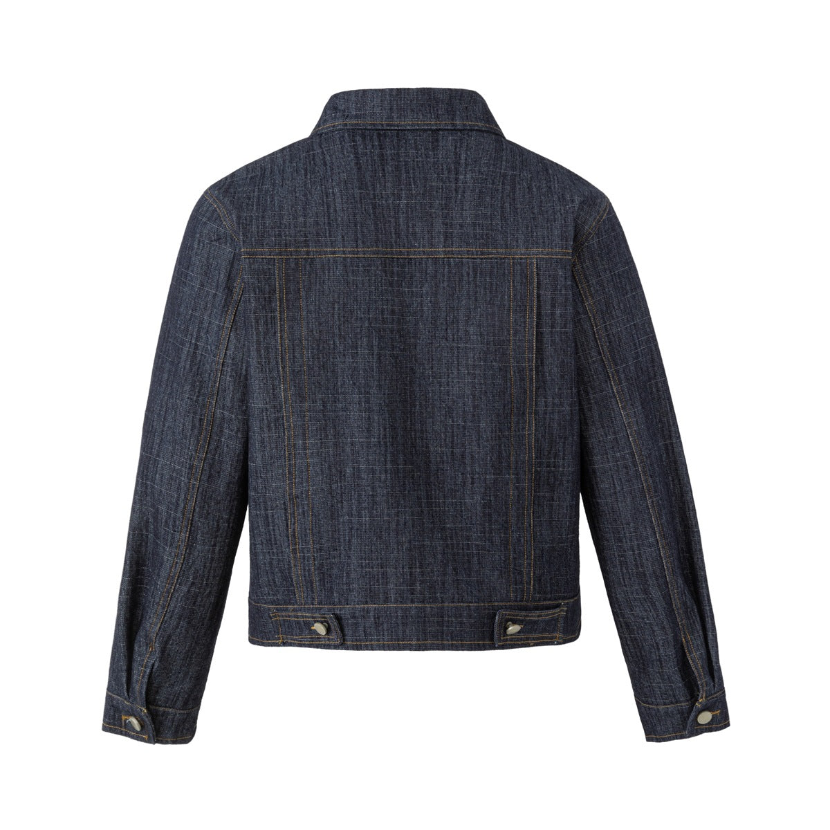 Back view of a dark indigo denim jacket with golden-brown topstitching and buttoned cuffs and hem tabs.