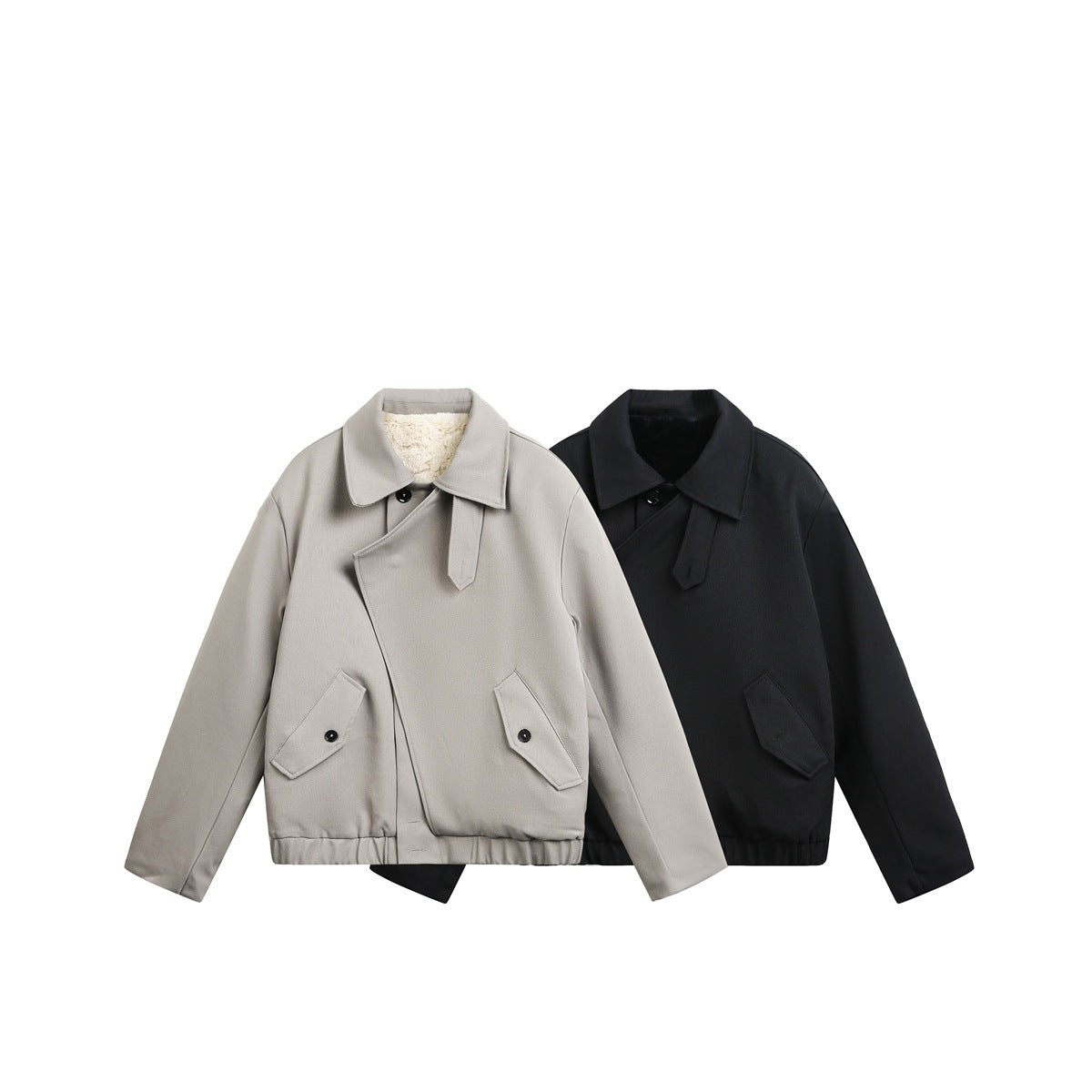 Two jackets shown together: taupe with cream lining and black, both with collars and buttoned pockets.
