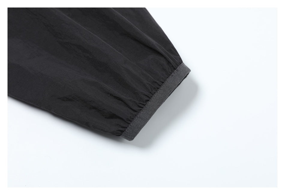 Close-up of a black jacket sleeve ending in a dark elasticized cuff.