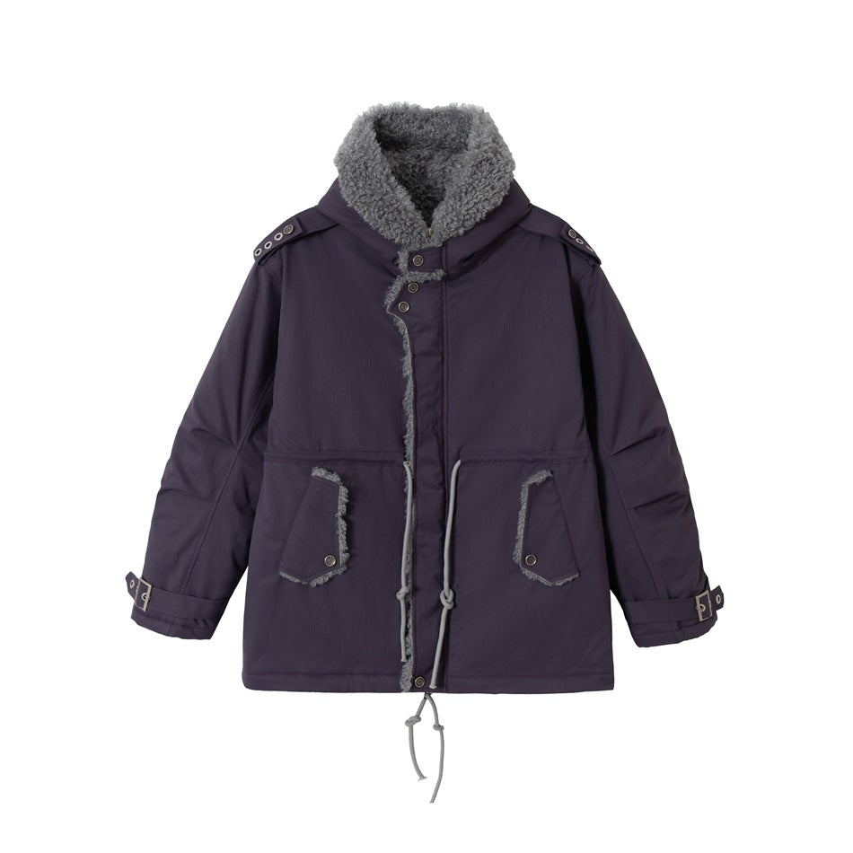 Dark purple hooded jacket with gray fleece-like collar, drawstring waist, flap pockets and cuff buckle straps, flat front