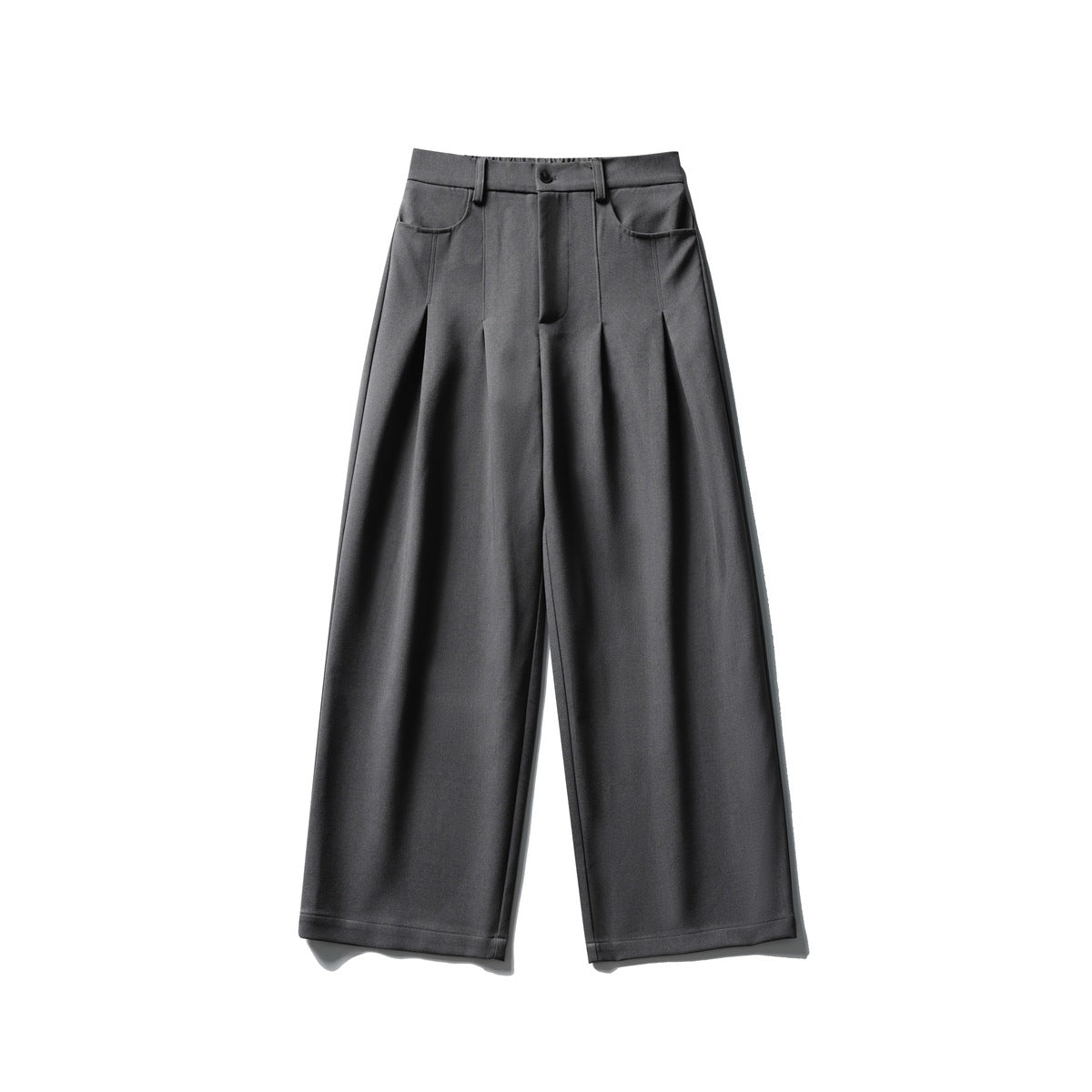 Front view of dark gray wide-leg pleated trousers with button fly, belt loops and front pockets