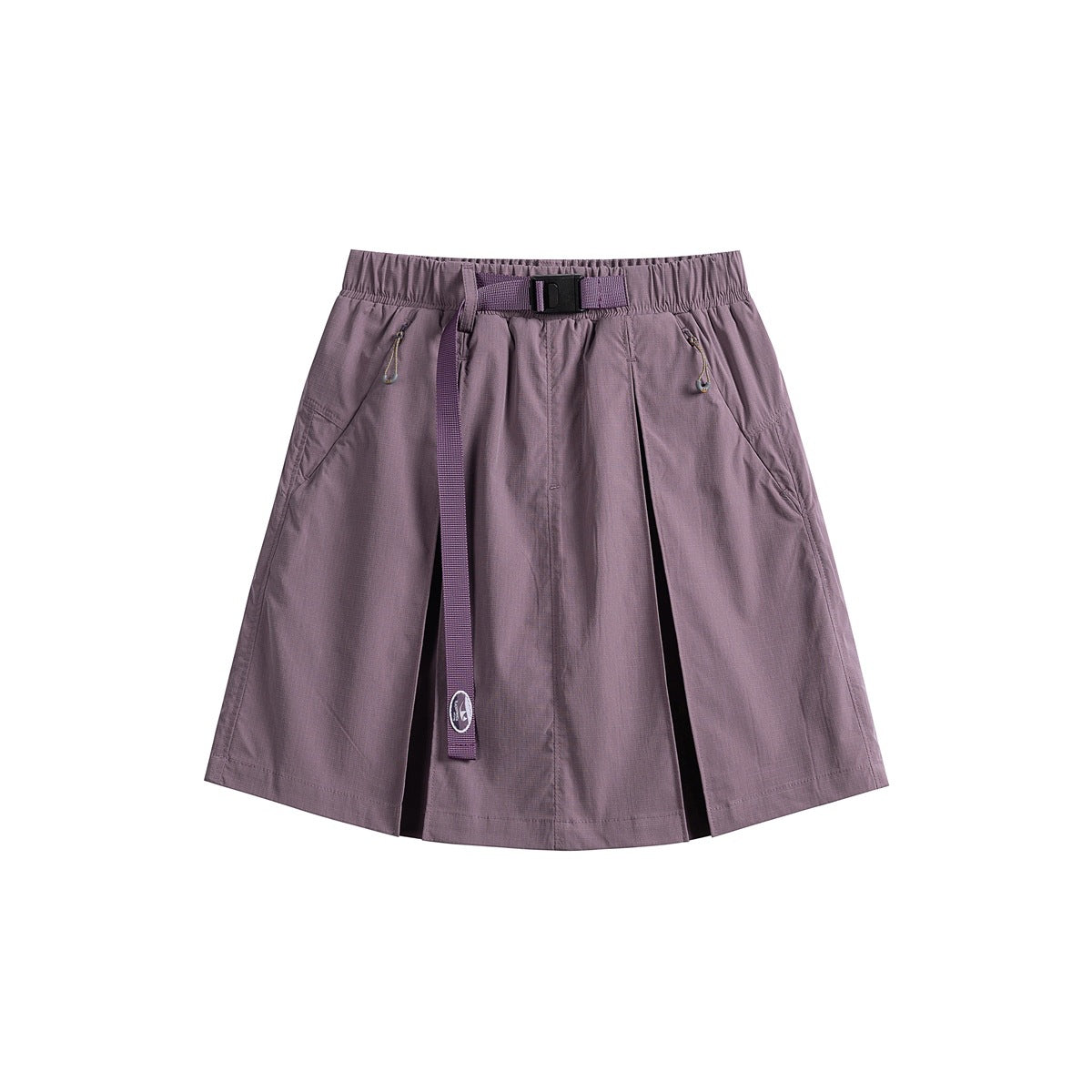 Mauve purple pleated A-line mini skirt with elastic waist, purple belt with buckle and side pockets