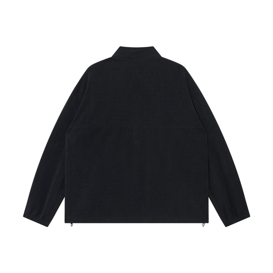 Back view of a black stand-collar jacket with long sleeves and adjustable hem drawcords.