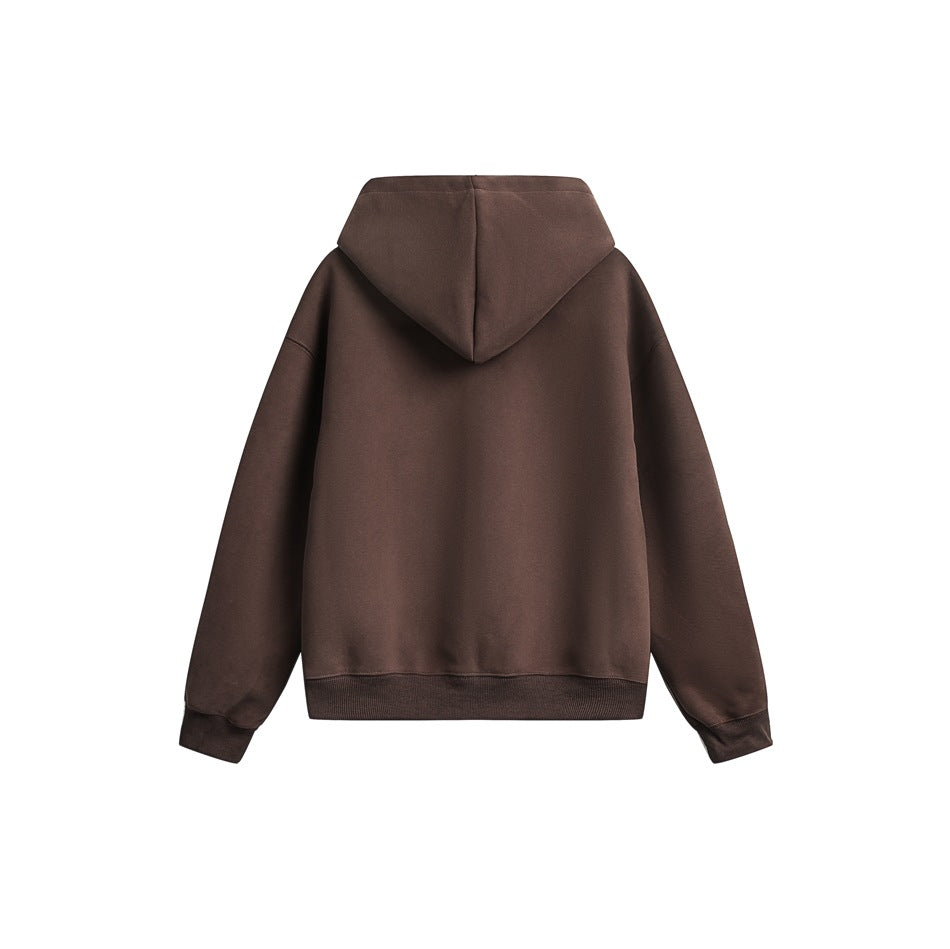 Back view of a plain dark brown hoodie with a hood, long sleeves, ribbed cuffs, and hem.