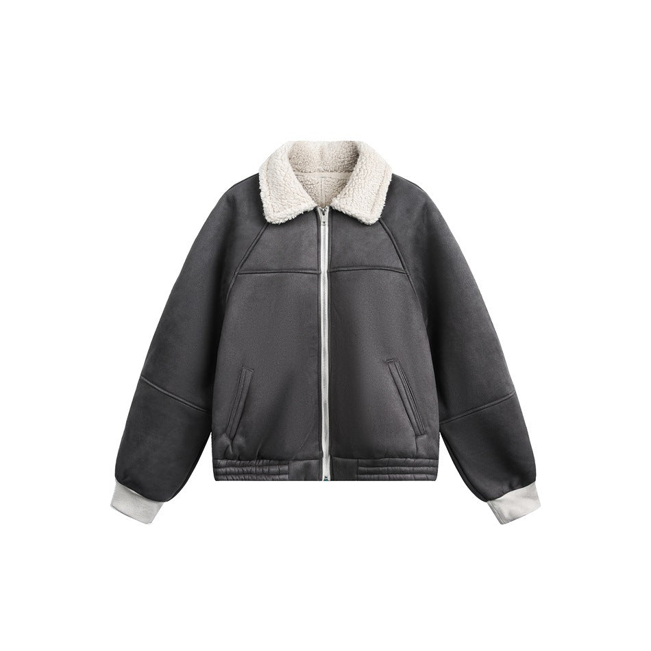 Gray zip-front jacket with cream fleece-textured collar, raglan sleeves, front pockets and light gray ribbed cuffs