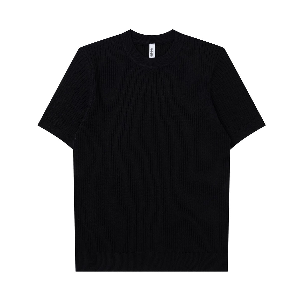 Black short-sleeve ribbed knit crew-neck top laid flat, front view