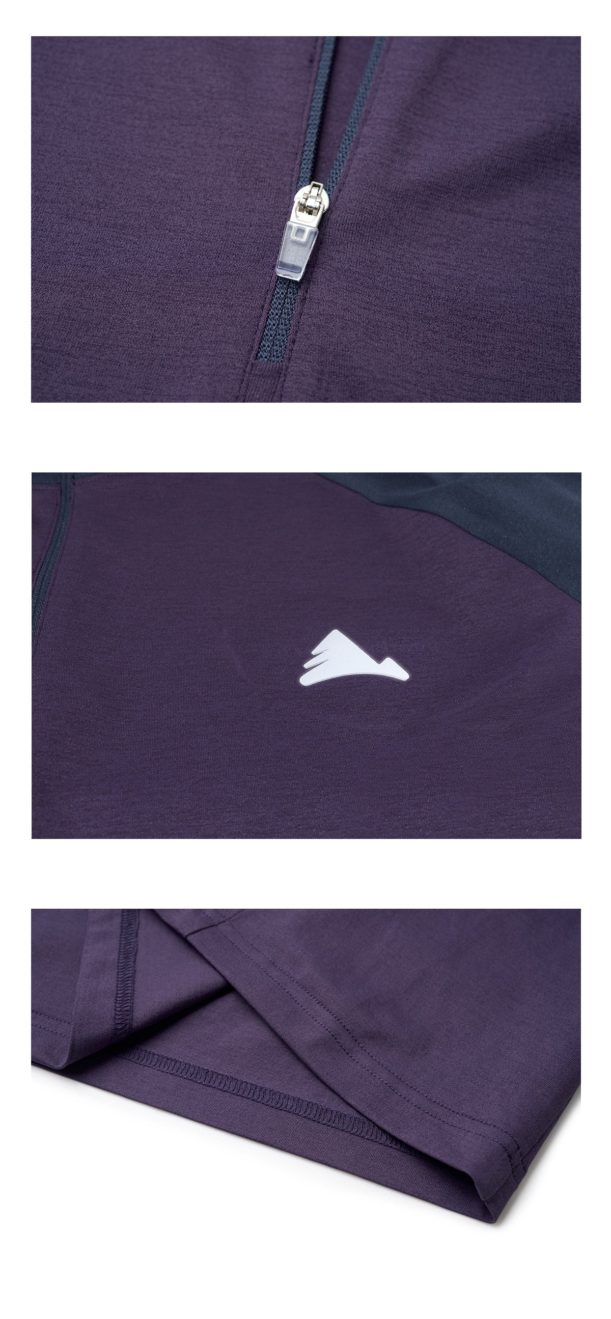 Close-ups of the purple pullover show its zipper, white chest emblem, fabric, and hem stitching.