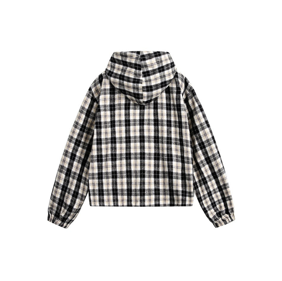 Back view of a pale pink, cream, and black plaid hooded jacket with long sleeves and gathered cuffs, on white.