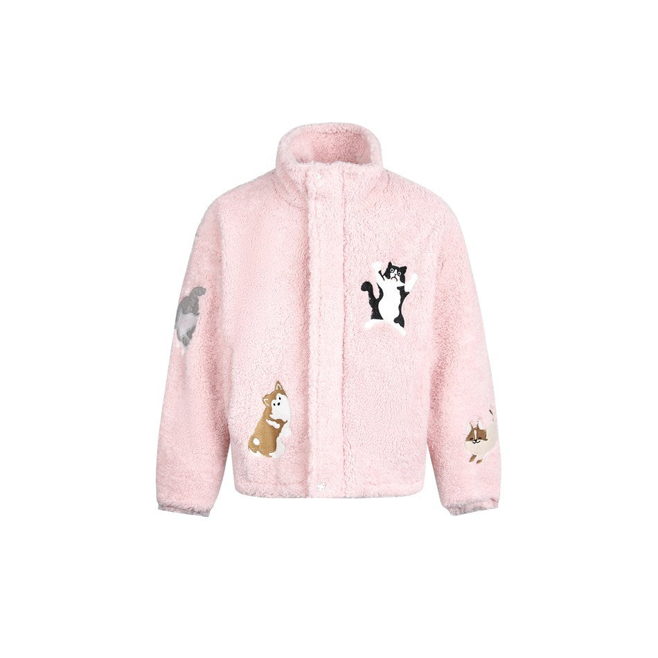 Pink teddy fleece-style stand-collar jacket with embroidered cat and dog appliqués, front view