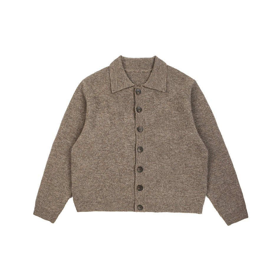 Coffee brown knit button-front cardigan with collar and dark buttons, flat front view